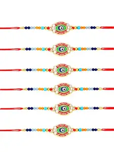 Adiva Pack of 6 Multicolour CZ Evil Eye Rakhis for Brother, Raksha Bandhan Handmade Gift Set