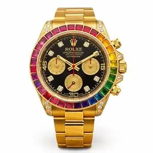 ROLXE Daytona Chronograph Watch, Gold-Tone, Black Dial, Rainbow Gemstone Bezel, Diamond Accents