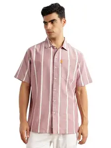 Thomas Scott Men's | Oversized Fit | Short Sleeves | Cuban Collar | Vertical Stripes | 100% Collar | Oxford | Casual | Shirt (CCSH057_Red_XL)
