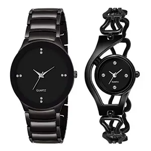 Goldenize fashion New Analogue Dial Stainless Steel Black Men's & Women's Casual Gift For Couple Watches (Combo Of 2 )