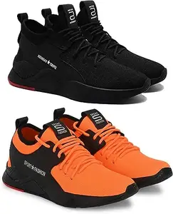 WORLD WEAR FOOTWEAR Soft Comfortable and Breathable Canvas Lace-Ups Sports Running Shoes for Men (Black and Orange, 10) (S12904)