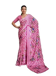 Stylum Women's Floral Printed Satin Saree With Unstitched Blouse Piece