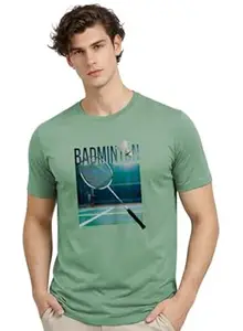ADRO Mens Badminton Graphic T-Shirt | Cotton Lycra Tshirt | 180 GSM Stretchable Crew Neck Sports Tee | Breathable Casual T Shirt for Men