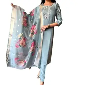 Women's Magic Cotton kurti set for woman Kurta Pant Set with Chanderi Digital Print Dupatta for Women 3 Piece Festive Kurti Set