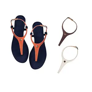 Cameleo -changes with You! Women's Plural T-Strap Slingback Flat Sandals | 3-in-1 Interchangeable Leather Strap Set | Orange-Brown-White