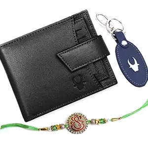 WildHorn Rakhi Gift Hamper for Brother - Classic Men's Combo/Gift Set of Leather Wallet, Keyring and Rakhi for Brother (Obsidian Black)