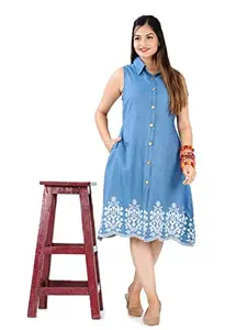 HI-FASHION Embroidered Collared Denim Knee Length Dress For Women/Girls Blue_M