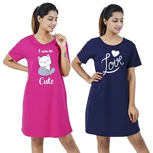 Buy That Trendz Printed Cotton Short Night Dress for Women 2 Pcs Combo I am So Cute Rani Pink Love Navy XXX-Large