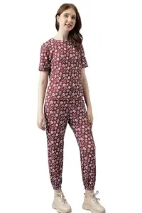 Attire Empire Woman's Lycra Printed & Knitted Co-ords Set of Top and Joggers Maroon