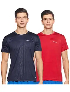 Charged Endure-003 Chameleon Spandex Knit Round Neck Sports T-Shirt Red Size Large and Charged Play-005 Interlock Knit Geomatric Emboss Round Neck Sports T-Shirt Navy Size Large