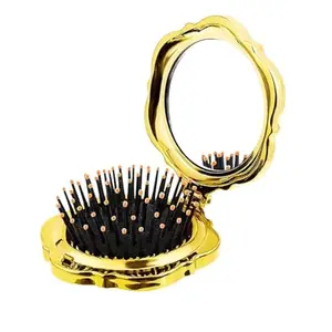 Scarlet Line Folding Hair Brush, Mini Pocket Travel Mirror Brush Easy to Carry for Small Spaces Nylon Hair Comb for Women_Golden