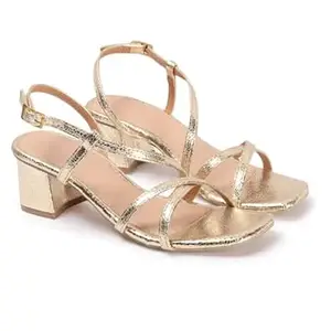 AUSTINE Women Stylish High Heels Sandals | Comfortable Block Heel Slip-On | Fashion Footwear for Women & Girls Golden