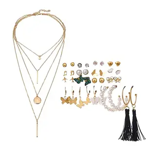 Jewels Galaxy Gold Plated Layered Necklace and Gold Plated Set of 17 Contemporary Studs, Drop and Hoop Earrings Combo For Women and Girls (CT-CB-MIXX-49571)