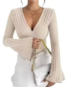 WEAR VIBE Women Casual Flared Sleeve Self Design Blue Top Stylish Regular Fit Soft Fabric Trendy Office Party Top