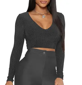 THE BLAZZE Women's Cotton Readymade Stretchable V Neck Long | Full Sleeve Crop Top for Women L431 1309 (4XL, DGY)
