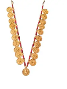 Traditional Kolhapuri Gold-Plated Coin Necklace, Putali Haar for Women, Red Thread Design