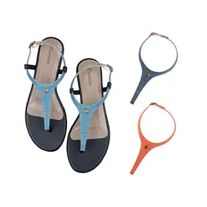 Cameleo -changes with You! Women's Plural T-Strap Slingback Flat Sandals | 3-in-1 Interchangeable Strap Set | Light-Blue-Dark-Blue-Red