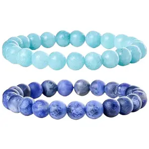 RRJEWELZ Aquamarine & Sodalite 8mm Round Smooth beads Long Distance Couples Love Friendship Combo Bracelet Set - Couples Relationship 6.5 inch Stretchable Bracelets set|RR_CPBR_022_6.5