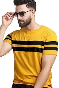 AUSK T-Shirt for Mens Double Stripes on Chest (Color-Mustard, Size-XL)