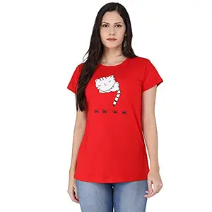 FUNDAY FASHION Women's/Girls Regular Fit Half Sleeves T-Shirt (Red Kitty, Medium)