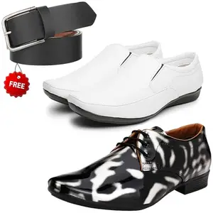 Fashionable Formal Shoes/Party Shoes/ 2 Shoes Combo with Free Belt for Men and Boys (BAZAAR7888_VTR01-Blk-Slvr-2007-Bdr) Multicolor