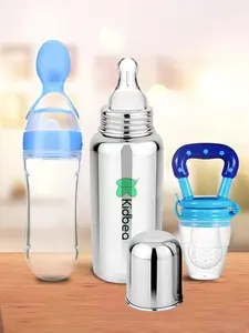 Kidbea Stainless Steel Infant Baby Feeding Bottle, Silicone Food and Fruit Feeder BPA Free, Anti-Colic Combo of 3
