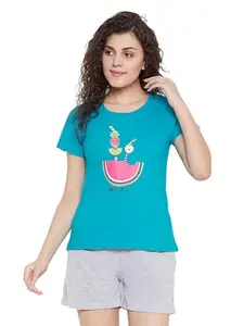 Clovia Women's Cotton Rich Fruit Printed T-Shirt (LT0124F17_Green_M)
