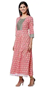 Generic Women's Printed Three by Fourth Sleeve Round Neck Casual Dress (Color:Pink, Material:Pure Cotton, Size:XL)-PID40456