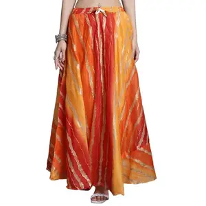 JABAMA Stylish Ethnic Cotton Printed Pico Drawstring Full-Length Skirt for Women (SKL19) Orange