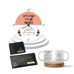 SAVRI Personalized Anniversary Combo Set - Men's Wallet with Women Clutch (Black) with Name & Charm, Anniversary Theme Wall Clock with Your Picture,White Calendar Mug with Picture & Anniversary Date