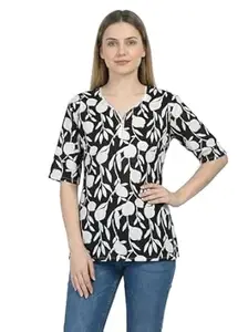 Cotton Short Kurti Top Teenager Girl(5'3 Height, Length 25inch) V Neck Printed Half Sleeve for Office & College Girls Fit