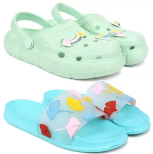 Pampy Angel Combo Pack of 2 Slipper/Flip Flops/Slides/Clogs/Sandals with Adjustable Back Strap for Women,(WCL-Ranbo-Green,Gobi-Blue),40 (Euro)