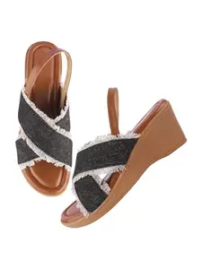 TRYME Fashionate Wedge Slip On Sandal Denim Strap Durable Stylish Platform Party Heels For Womens & Girls