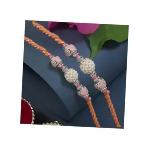 I Jewels Mens Pearl Rakhi With Roli Chawal & Rakshabandhan Card For Bro/Brother/Bhai (R253-2) (Pack Of 2) (Orange)