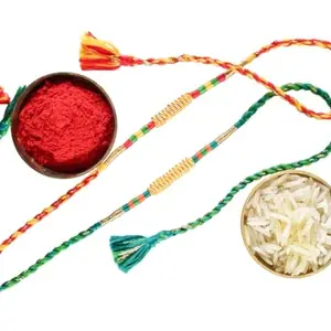 Traditional Handcrafted Rakhi Set with Roli Chawal, 25.4 cm Length, Red and Green Cotton Thread with Golden Accents, Pack of 2