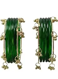 KAYASHA Trendy Glass Bangles with Alloy Ghungroo Charms For Women| Fancy Designer Glass Bangles | Traditional Chudi | Kanch Ki Churi | Stylish Ghungroo Bangles For Women - Set Of 12
