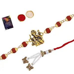 Rakhi Rudraksh "Ganpati Ji" With Bhabhi Rakhi "Butterfly" With Roli Chawal, Greeting Card -865