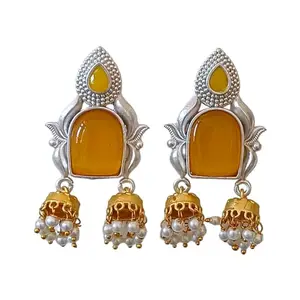 JEWILLEY Unique Design Light Weight Silver Plated Monalisa Stone Drop Jhumka Earrings | Accessories Jewellery | Traditional Silver Oxidised Jhumka (Yellow)