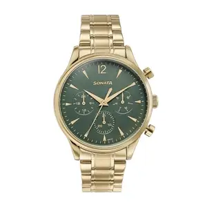 Sonata Wedding Edit Quartz Multifunction Green Dial Stainless Steel Strap Watch for Men