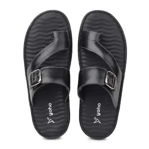 YOHO Leather Sandal 002 for Men’s | Stylish Slipper with Cushioned Footbed | Flexible, Durable for All-Day Comfort | Indoor & Outdoor Use | Classic Black - UK 10