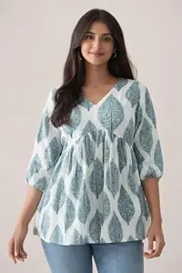 SOLY CLOTHING Women's Rayon Floral Printed Full Sleeves V-Neck Short Kurti, Bell Sleeves, Short Kurti for Woman, Stylish Ethnic Top