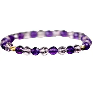 Lady Works Natural Amethyst & Crystal Quartz 6mm Round Shape Faceted Cut Beads 7 Inch Stretchable Bracelet For Men & Women. Unisex Bracelet For Healing, Meditation, Prosperity, Gift & Luck|LW_BRST_00469_7.0