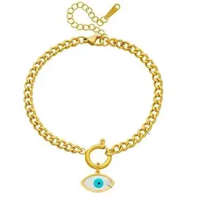 VIEN® Fashion Adjustable Tarnish Free Gold Plated Stainless Steel Blue Devil Eye Charm Bracelet For Women