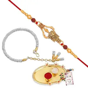 SILVER SHINE Designer Rakhi Roli Chawal And 1 Greeting Card With Pooja Thali