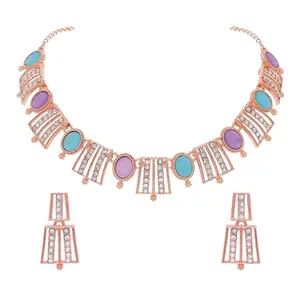 Rose Gold-Plated Artificial Stone Studded Necklace Jewellery Set With 1 Pair Of Earring For Women(AB_Oval-Rosegold-Skyblue&Lavender)