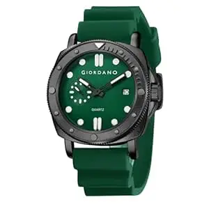 Giordano Analog Quartz Watch for Men with Round Dial, Luminous Hours Markers, Date Display, Small Seconds Sub-Dial and Wavy Pattern Silicone Strap