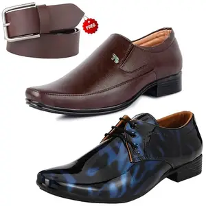 Latest Formal Shoes/Party Shoes/ 2 Shoes Combo with Free Belt for Men and Boys (BAZAAR8497_VTR01-Blk-Blu-2006-Bdr) Multicolor