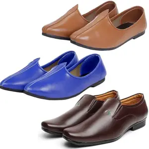 Vitoria Slip On Shoes for Men | Shoes for Men with PU Sole | Comfortable & Lightweight |Durable & Trendy Design | Color : Brown-Blue-Tan | Size : 6, XTN_2005Brwn_JuttiBluTan_6