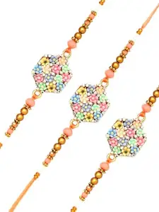 Adiva Pack of 3 Multicolour CZ Stone Floral Rakhis for Brother, Raksha Bandhan Gift Set