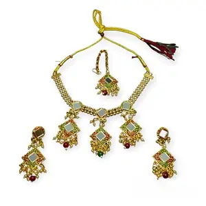 Soniya Crafts Latest Square Shape Mirror Gold Toned Pearl Choker Necklace with Earrings & Maangtika Jewellery Set for Girls & Women (Square, Alloy)